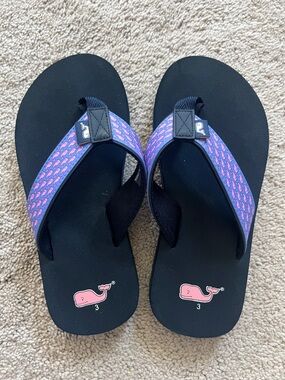 Vineyard Vines Navy Flip Flops with Pink Whale Accents
